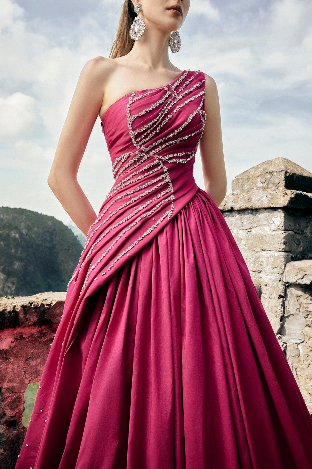 One Shoulder Stone Embellished Dress - TRACY COUTURE